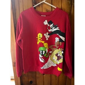 Looney Tunes Crewneck Sweatshirt Cartoon Characters Red Pullover Size Medium‎